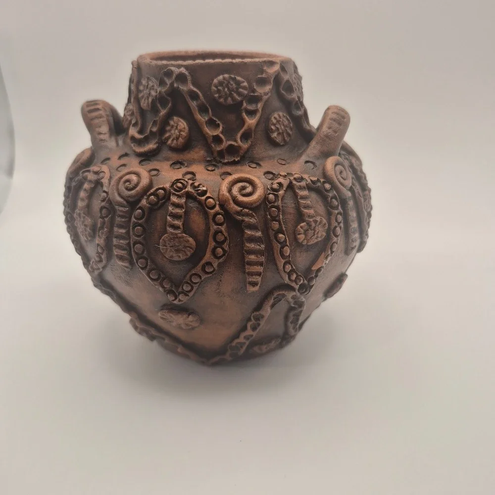 Handmade in Greece Terracotta Pottery Vase Ornate Brown Rustic Decor 4.5in